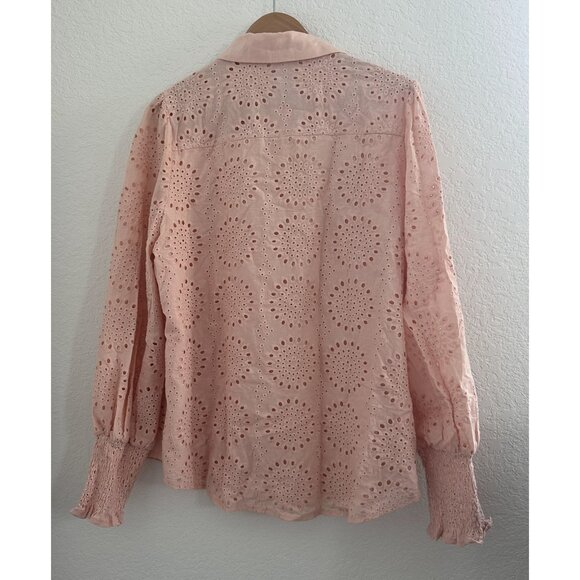 PrettyGarden Blouse‎ Womens XL Peachy Pink Eyelet Button Down L/S Boho Cottage - Picture 5 of 12